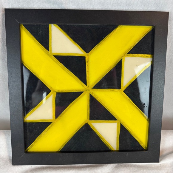 Other - Quilt Design Framed Wall Art Yellow Black Cream Square Decor 9.5in